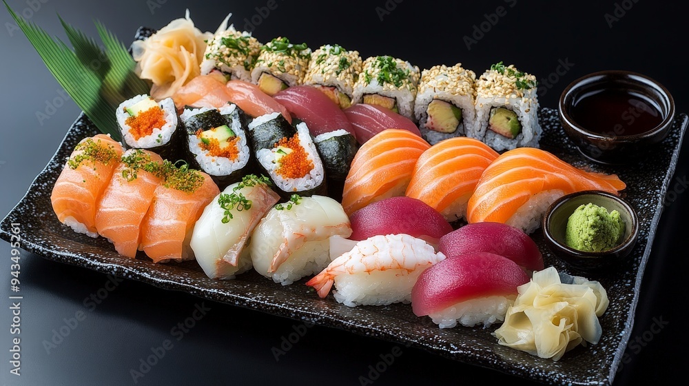 elegant sushi platter, meticulously arranged with fresh nigiri, sashimi, and rolls. elegant sushi platter, meticulously arranged with fresh nigiri, sashimi, and rolls.