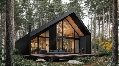 A modern A-frame cabin nestled in a dense forest, illuminated warmly from within, offering a serene and inviting retreat..