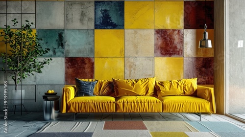 Minimalist Loft Living: Vibrant Yellow Sofa Against Colorful Concrete Tile Wall Paneling photo