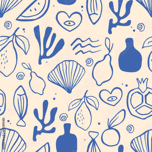 Mediterranean modern seamless patern with sketch style illustrations