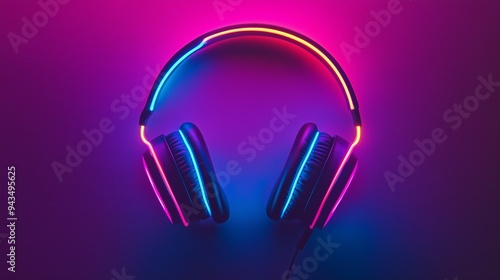 futuristic Glowing retro vibrant neon lights headphone for virtual media, streaming and competition isolated on neon color background 