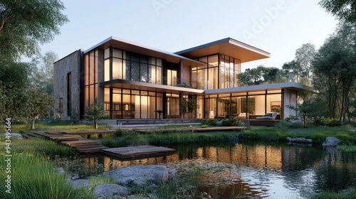 Contemporary single-story house featuring expansive windows and open spaces, set in a lush green landscape with evening sunlight..