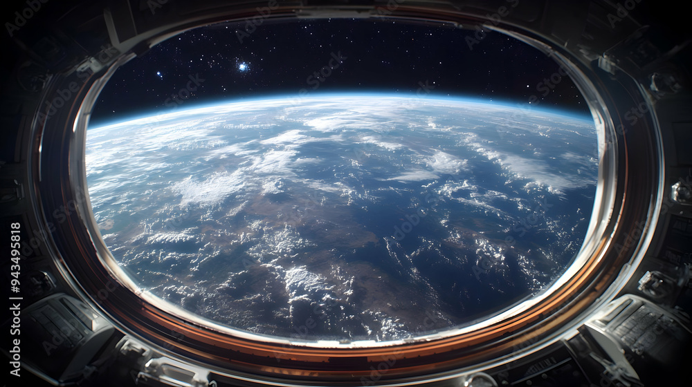A breathtaking view of Earth from the porthole of a spaceship, showing a vast expanse of clouds and land, with a backdrop of stars. A breathtaking view of Earth from the porthole of a spaceship, showing a vast expanse of clouds and land, with a backdrop of stars.