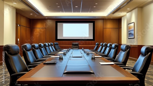 Wallpaper Mural Sleek and modern conference room featuring a large digital screen displaying data, with a city skyline visible through large windows.. Torontodigital.ca