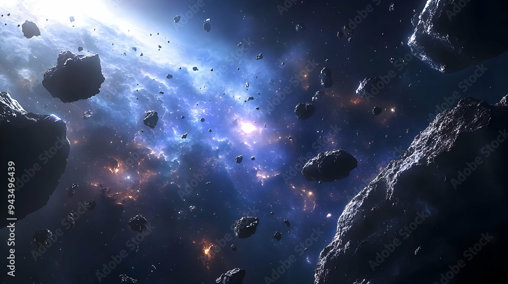 Naklejka premium A breathtaking view of space with asteroids floating through a nebula.