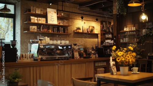 A cozy cafe setting with a steaming cup of coffee on a wooden table, illuminated by warm, ambient lighting, and a vase of flowers nearby..