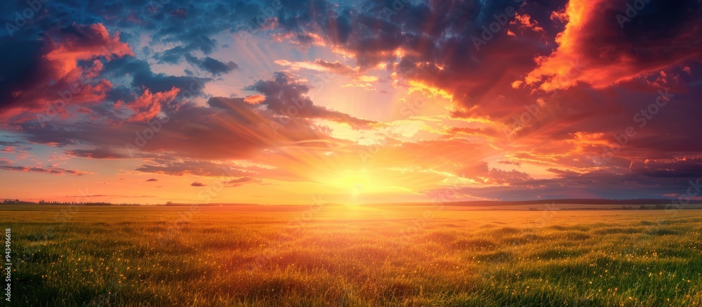 Vivid natural sunset over meadow with dramatic sky in the countryside featuring a panorama landscape with copy space image Vivid natural sunset over meadow with dramatic sky in the countryside featuring a panorama landscape with copy space image