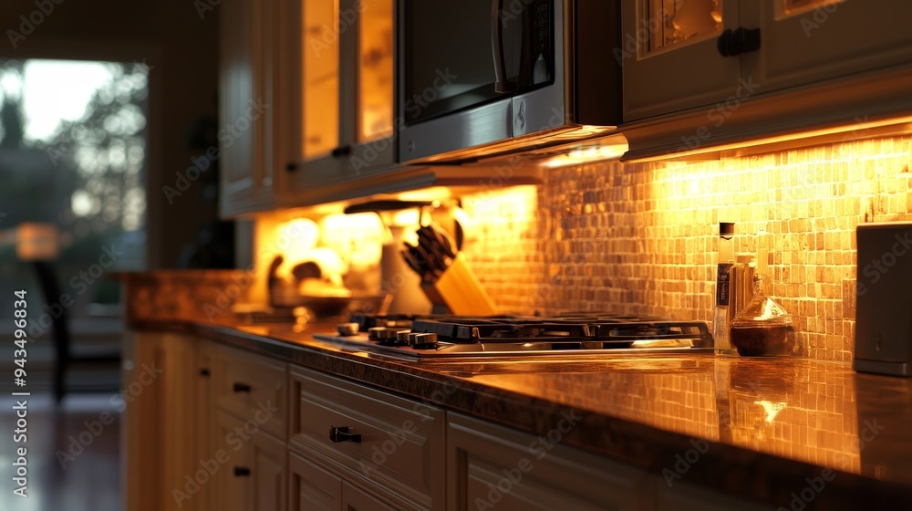 kitchen with under-cabinet lighting. kitchen with under-cabinet lighting.