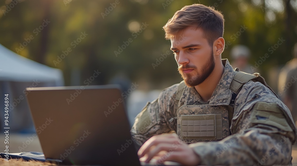 Focused Young Soldier Operating Laptop at Military Base Focused Young Soldier Operating Laptop at Military Base