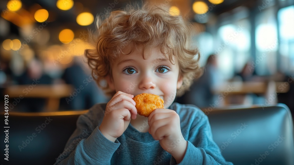 Child Enjoying Crispy Chicken Nuggets in Trendy Cafe Child Enjoying Crispy Chicken Nuggets in Trendy Cafe