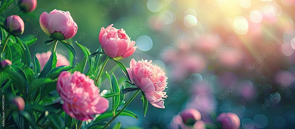 A beautiful close up image of pink peonies blooming in a spring garden with a green background and lovely bokeh effects for copy space image A beautiful close up image of pink peonies blooming in a spring garden with a green background and lovely bokeh effects for copy space image