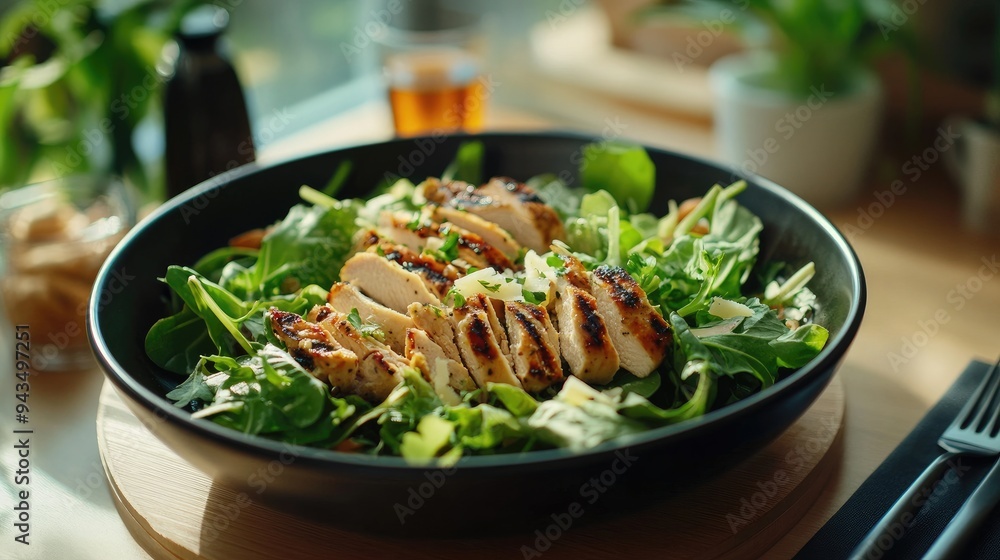 A delicious grilled chicken salad served in a black bowl, featuring fresh greens, herbs, and shaved Parmesan, beautifully lit by natural sunlight in a cozy setting.. A delicious grilled chicken salad served in a black bowl, featuring fresh greens, herbs, and shaved Parmesan, beautifully lit by natural sunlight in a cozy setting..