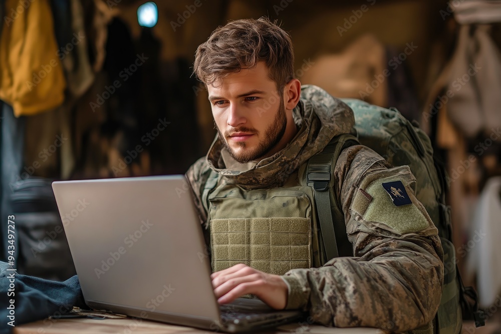 Dedicated Soldier Using Computer at Army Base Camp Dedicated Soldier Using Computer at Army Base Camp