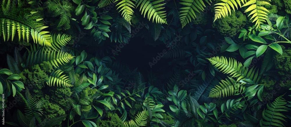 Dark forest background with green fern leaves in the copy space image creates a natural summer floristry backdrop Dark forest background with green fern leaves in the copy space image creates a natural summer floristry backdrop