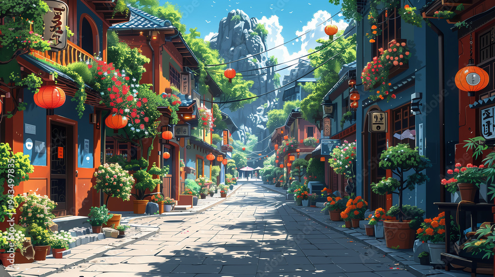 Picturesque Asian street with vibrant flowers, red lanterns, traditional buildings, and scenic mountains in the background Picturesque Asian street with vibrant flowers, red lanterns, traditional buildings, and scenic mountains in the background