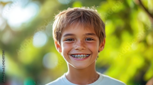 Excited Child with Braces, Colorful Green Summer Day Background