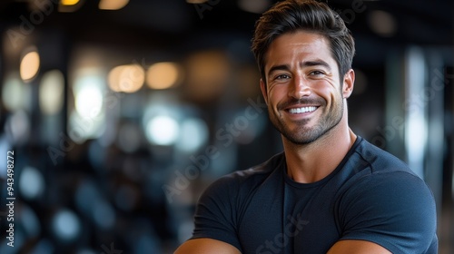 Happy Personal Trainer with Exercise Equipment