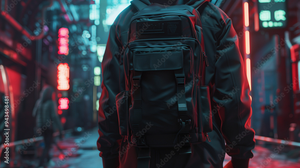 Fototapeta premium Close-up of a person with a large backpack in a neon-lit, futuristic urban alleyway at night