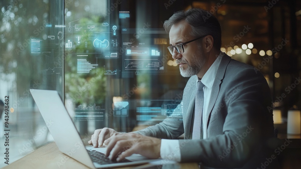 Focused businessman working late, analyzing financial data on a laptop in a modern office, with city lights glowing in the background.. Focused businessman working late, analyzing financial data on a laptop in a modern office, with city lights glowing in the background..