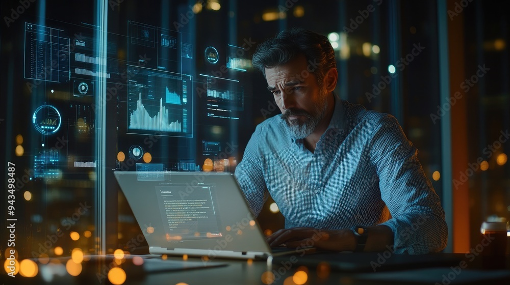Focused businessman working late, analyzing financial data on a laptop in a modern office, with city lights glowing in the background.. Focused businessman working late, analyzing financial data on a laptop in a modern office, with city lights glowing in the background..