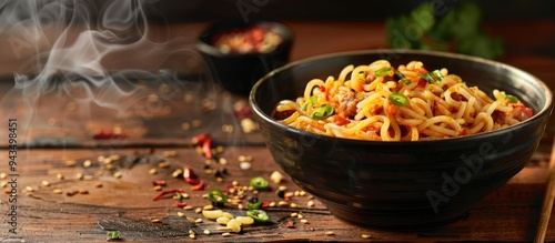 Instant Masala Maggi displayed on dark wood with copy space image