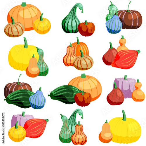Groups of pumpkins in different colors. Great for harvest, autumn or Helloween celebrations - make up your own faces. Vector illustration