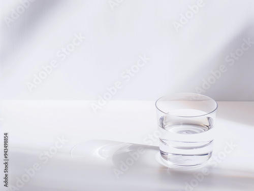 Glass of water casting soft shadows on a white minimalist surface, emphasizing simplicity and purity