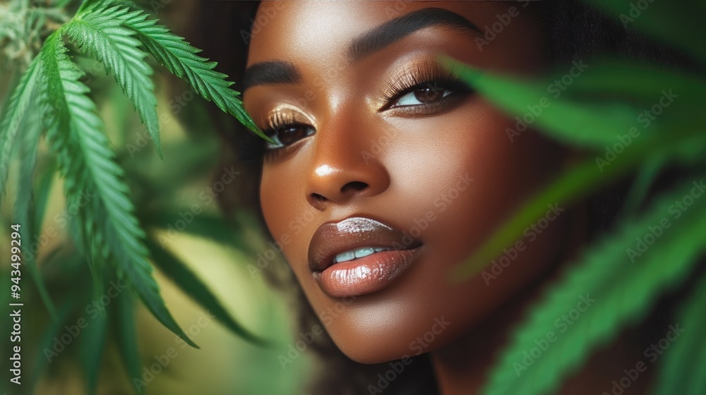 Elegant African American Woman Holding Cannabis Leaf for Skincare Elegant African American Woman Holding Cannabis Leaf for Skincare