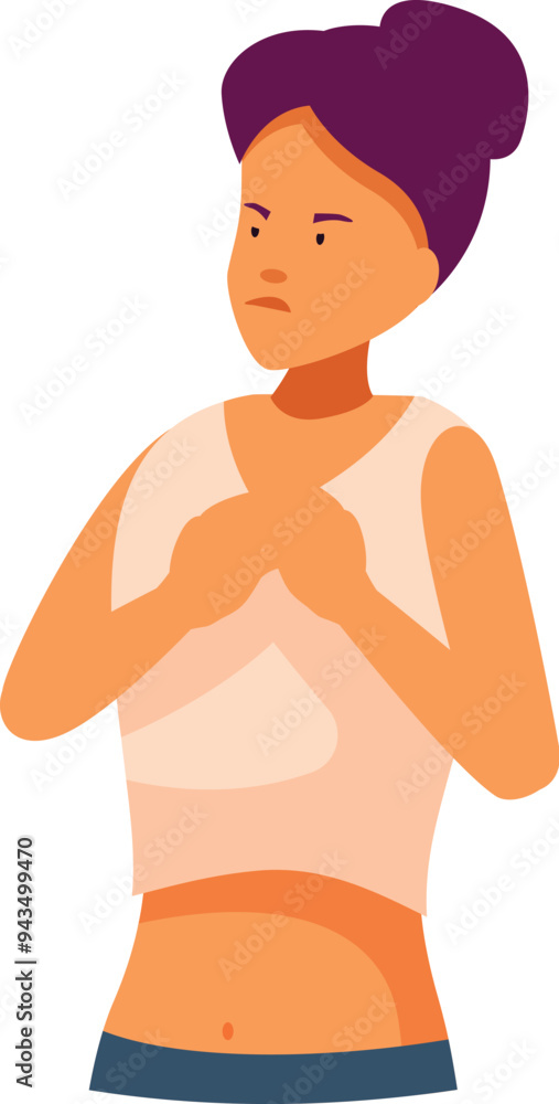 Fototapeta premium Young woman holding her chest experiencing discomfort and pain