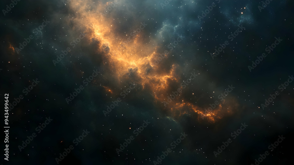 Obraz premium A bright orange nebula with swirling clouds and stars in a dark space.
