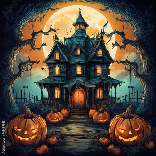 Halloween Party Invitation with Haunted House and Pumpkins
