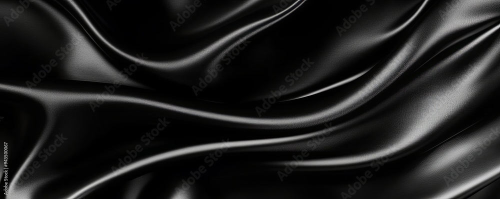 Fototapeta premium Smooth black satin fabric with soft, flowing folds and drapes.