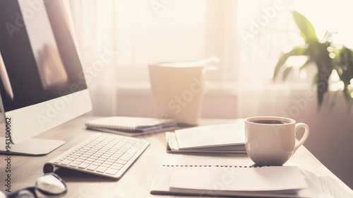 A serene, minimalist workspace featuring a computer, notebooks, and a cup of coffee, bathed in soft morning light, creating a calm and productive atmosphere..