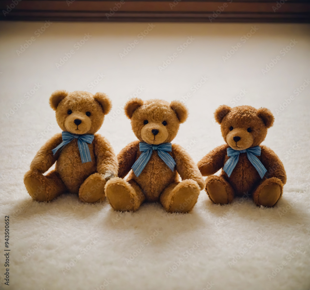 A group of teddy bears sitting on a white carpet. A group of teddy bears sitting on a white carpet.
