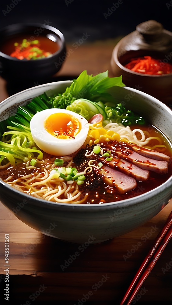 Delicious Japanese Ramen with chicken, Mushrooms, Eggs, noodles, meat in bowl Delicious Japanese Ramen with chicken, Mushrooms, Eggs, noodles, meat in bowl