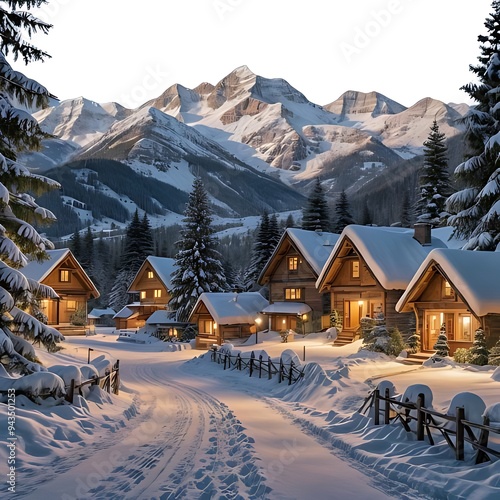 A serene winter landscape with snow-covered cottages, warmly lit and surrounded by snow, with Christmas trees and mountains in the background during twilight