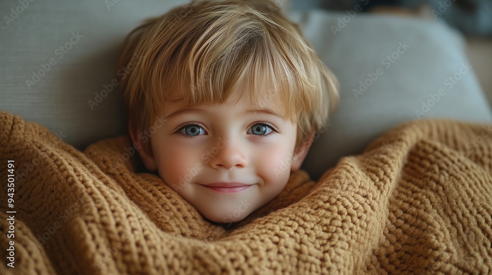 Cheerful Kid Relaxing in Soft Blanket on a Peaceful Morning Cheerful Kid Relaxing in Soft Blanket on a Peaceful Morning
