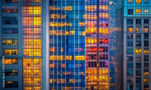 Close-up of office building windows with warm glow from lights inside at night.