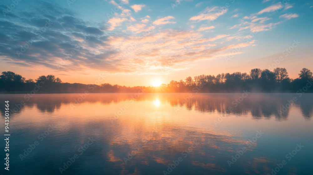 A beautiful sunset over a lake with trees in the background A beautiful sunset over a lake with trees in the background