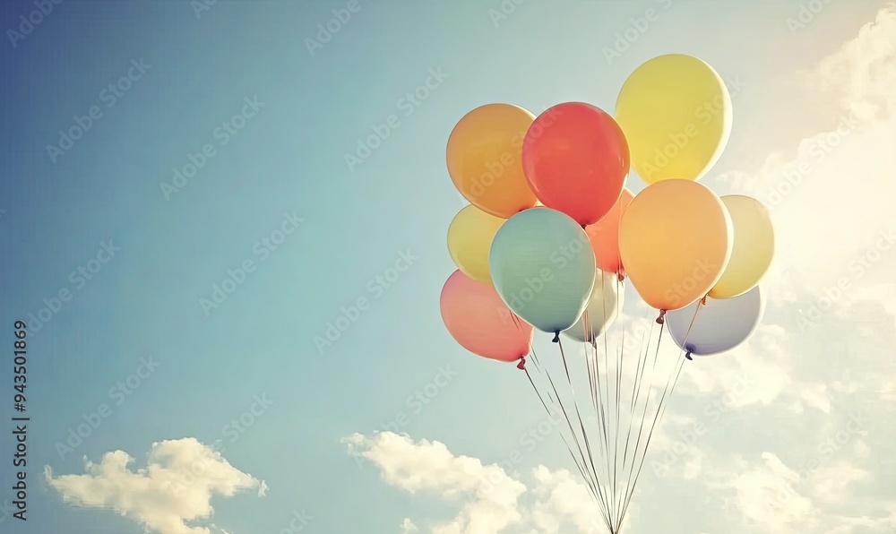 Obraz premium A bunch of colorful balloons floating in the sky with clouds and sunlight in the background.
