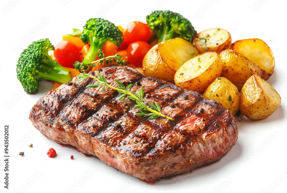 Grilled Steak with Vegetables on White Plate Grilled Steak with Vegetables on White Plate