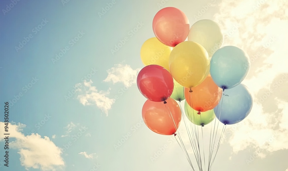 A bunch of colorful balloons float in the blue sky on a sunny day. A bunch of colorful balloons float in the blue sky on a sunny day.
