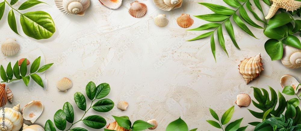 Summer themed background featuring natural elements like leaves shells and a blank area for text perfect for a copy space image Summer themed background featuring natural elements like leaves shells and a blank area for text perfect for a copy space image