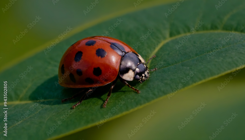 A ladybug sitting on top of a green leaf. Close-up A ladybug sitting on top of a green leaf. Close-up