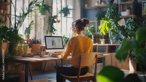 A modern café with warm lighting and lush plants where people work on laptops, creating a productive and relaxed atmosphere..