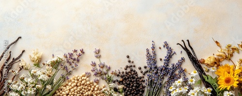 A variety of herbs, flowers and spices arranged in a row at the bottom of a beige background, with plenty of copy space above.