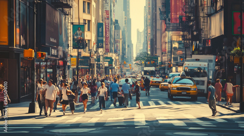 Busy city street with pedestrians and traffic