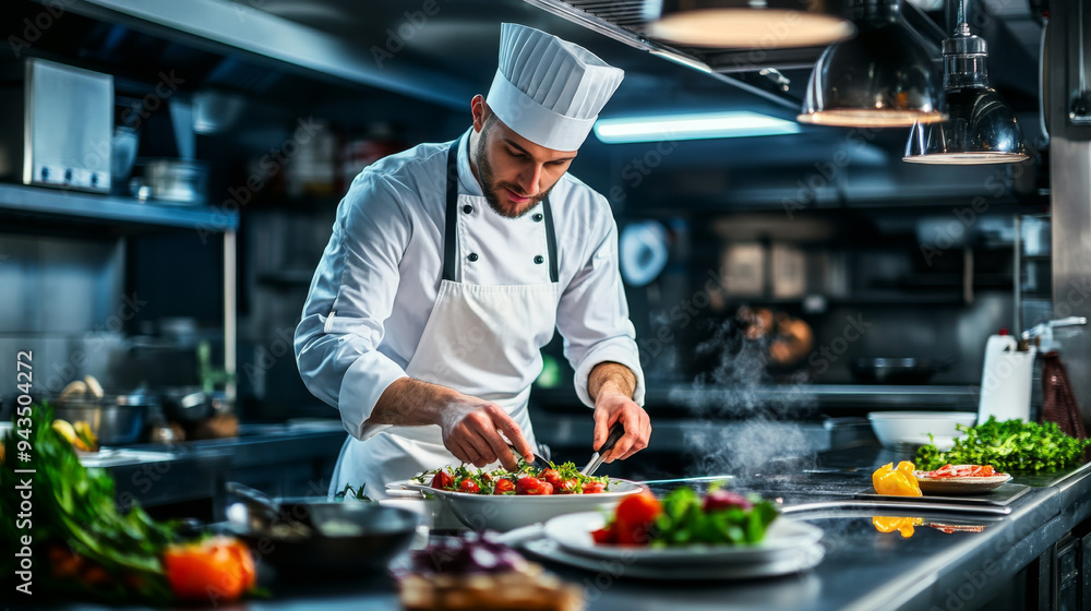 Chef preparing a gourmet meal in a professional kitchen Chef preparing a gourmet meal in a professional kitchen