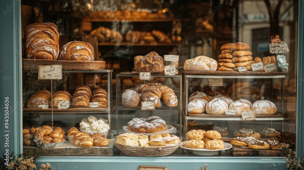 A bakery's glass window viewed from outside, showcasing warm bread, fluffy rolls, and freshly baked cookies, all arranged to entice with their golden crusts A bakery's glass window viewed from outside, showcasing warm bread, fluffy rolls, and freshly baked cookies, all arranged to entice with their golden crusts