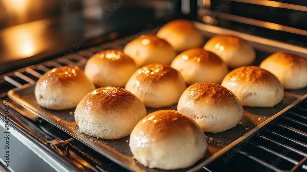 A baking sheet filled with homemade buns, their tops turning golden brown, inside a modern kitchen oven, perfect for everyday baking or special occasions A baking sheet filled with homemade buns, their tops turning golden brown, inside a modern kitchen oven, perfect for everyday baking or special occasions
